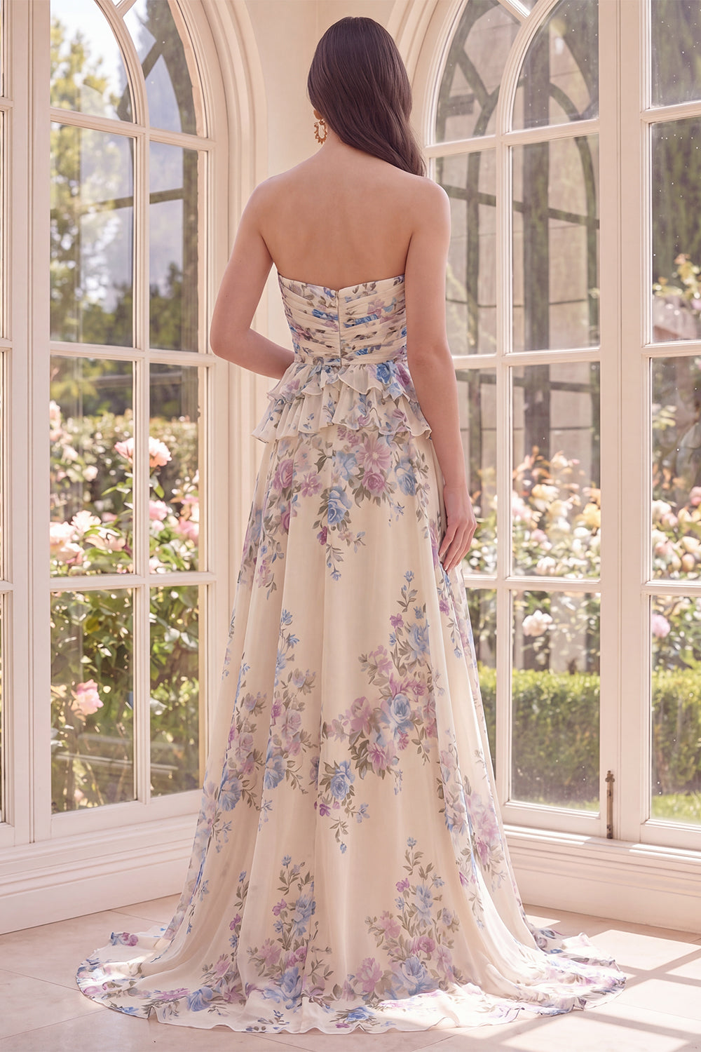 Basque Waist Apricot Floral A Line Maxi Formal Dress with Ruffles