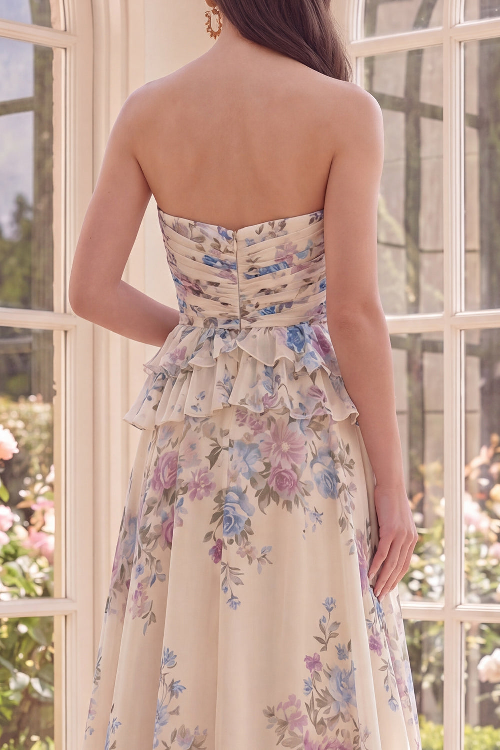 Basque Waist Apricot Floral A Line Maxi Formal Dress with Ruffles