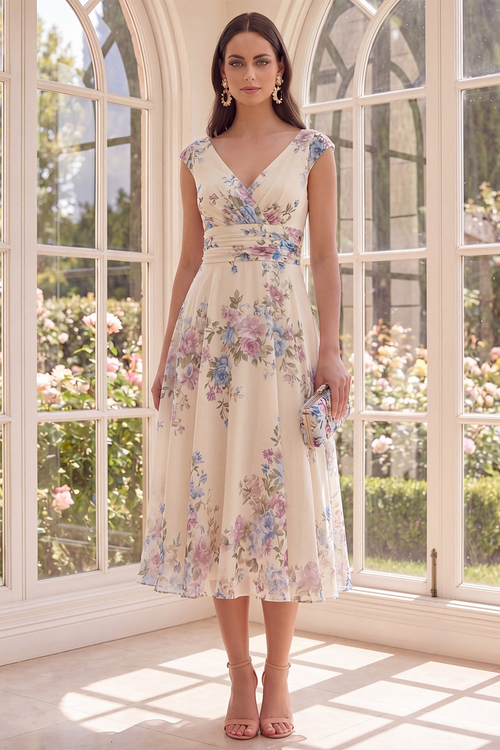 Ruched Apricot V-Neck Floral A Line Maxi Formal Guest Dress