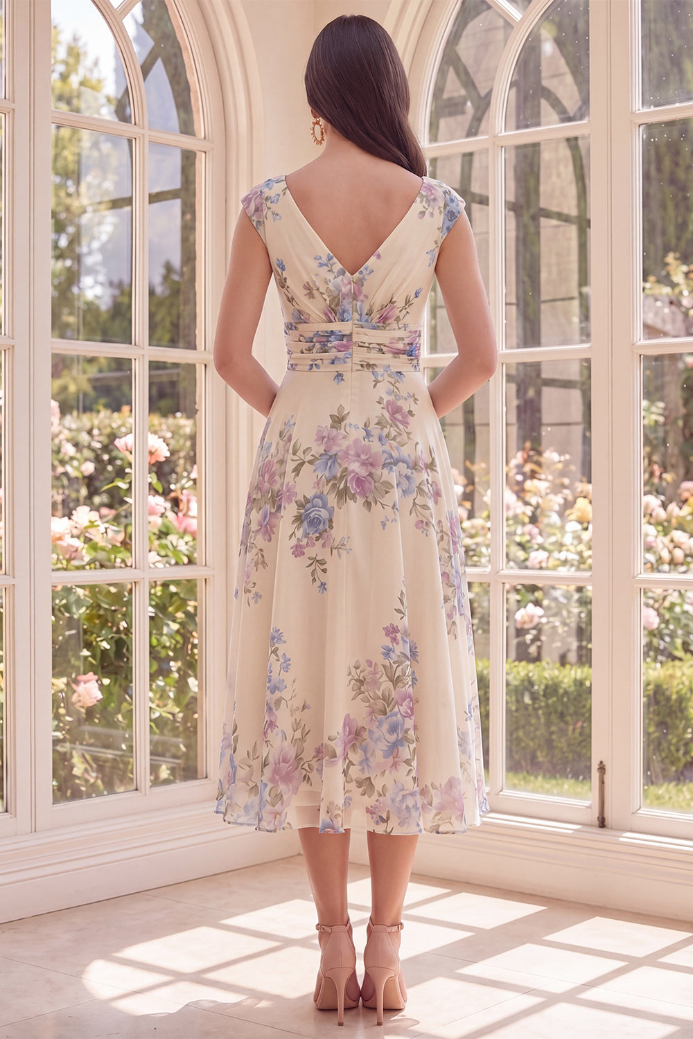 Ruched Apricot V-Neck Floral A Line Maxi Formal Guest Dress