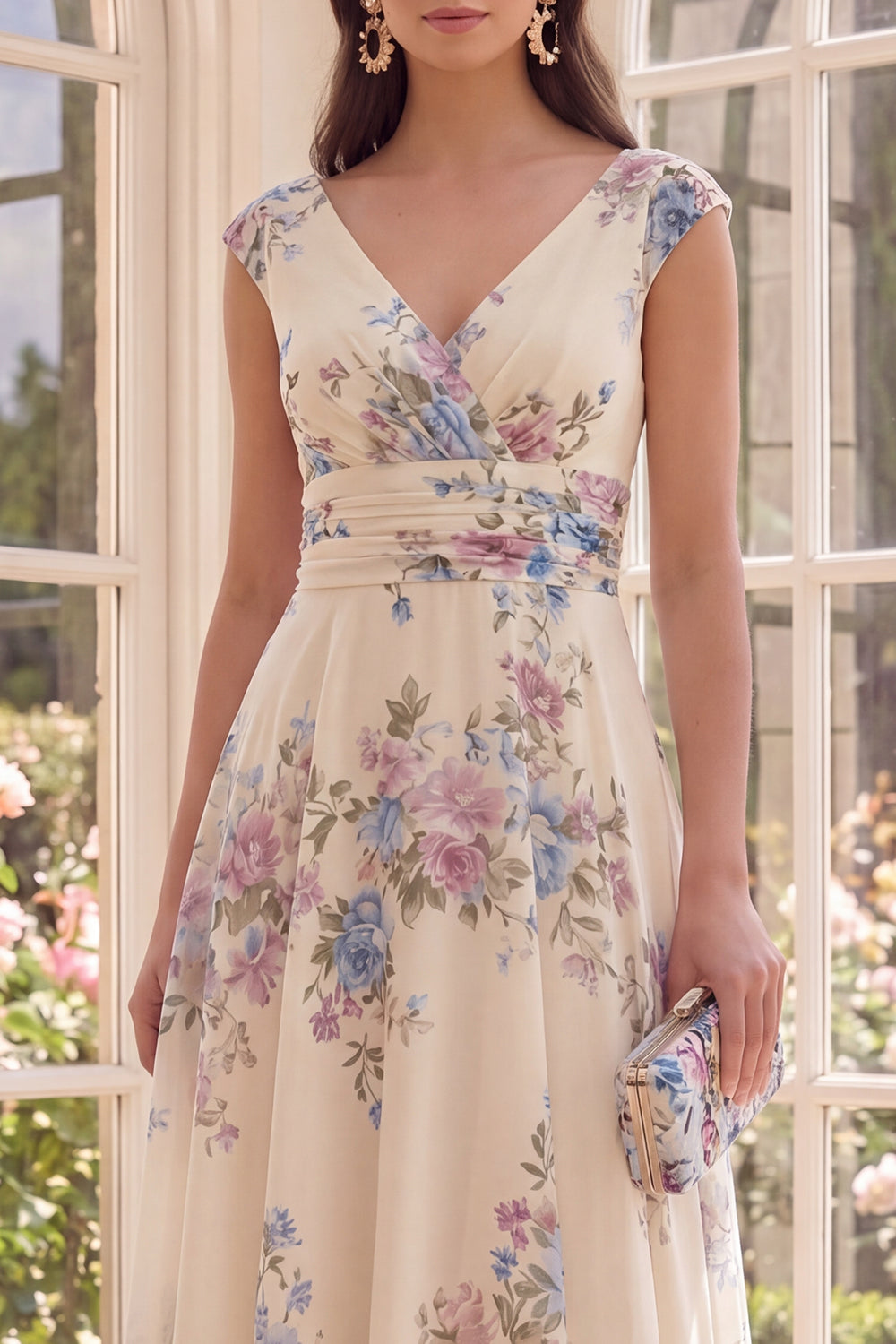 Ruched Apricot V-Neck Floral A Line Maxi Formal Guest Dress