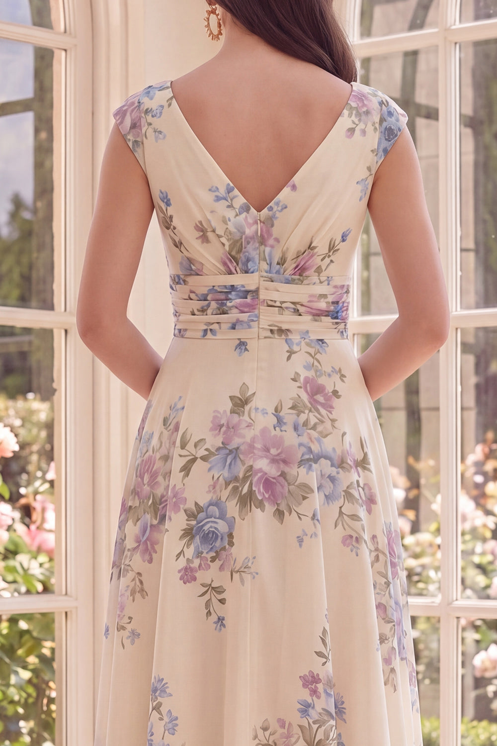 Ruched Apricot V-Neck Floral A Line Maxi Formal Guest Dress