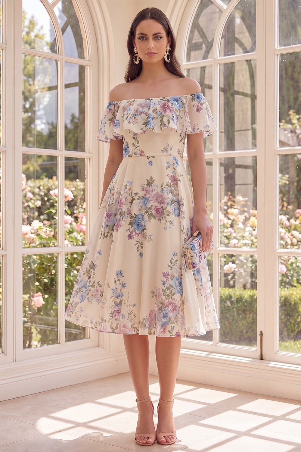 Off the Shoulder Apricot Floral A Line Midi Formal Dress with Ruffles