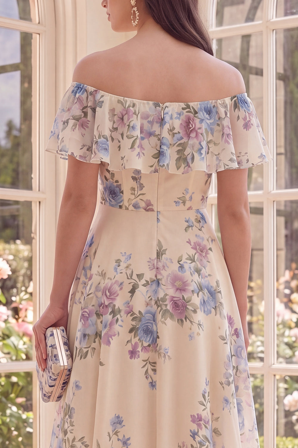 Off the Shoulder Apricot Floral A Line Midi Formal Dress with Ruffles
