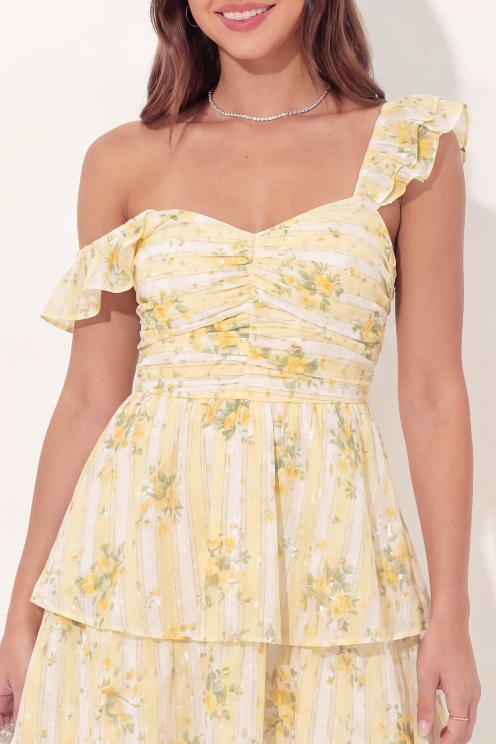 A Line Butter Yellow Floral Thick Straps Short Graduation Dress with Ruffles