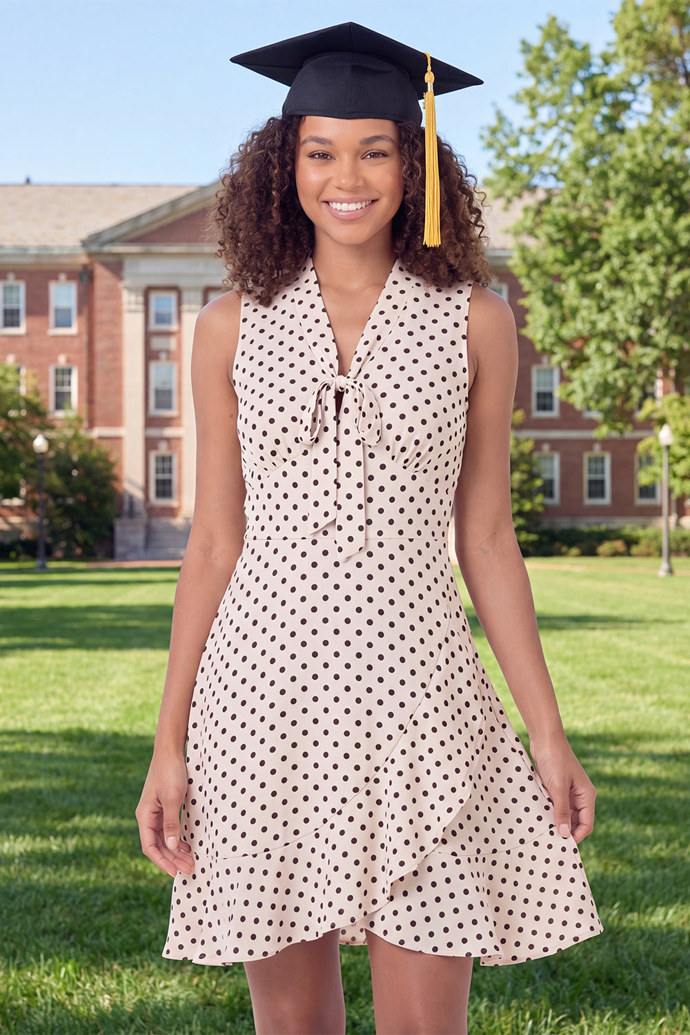 Black and White Polka Dots Short A Line V-Neck Graduation Dress with Ruffles