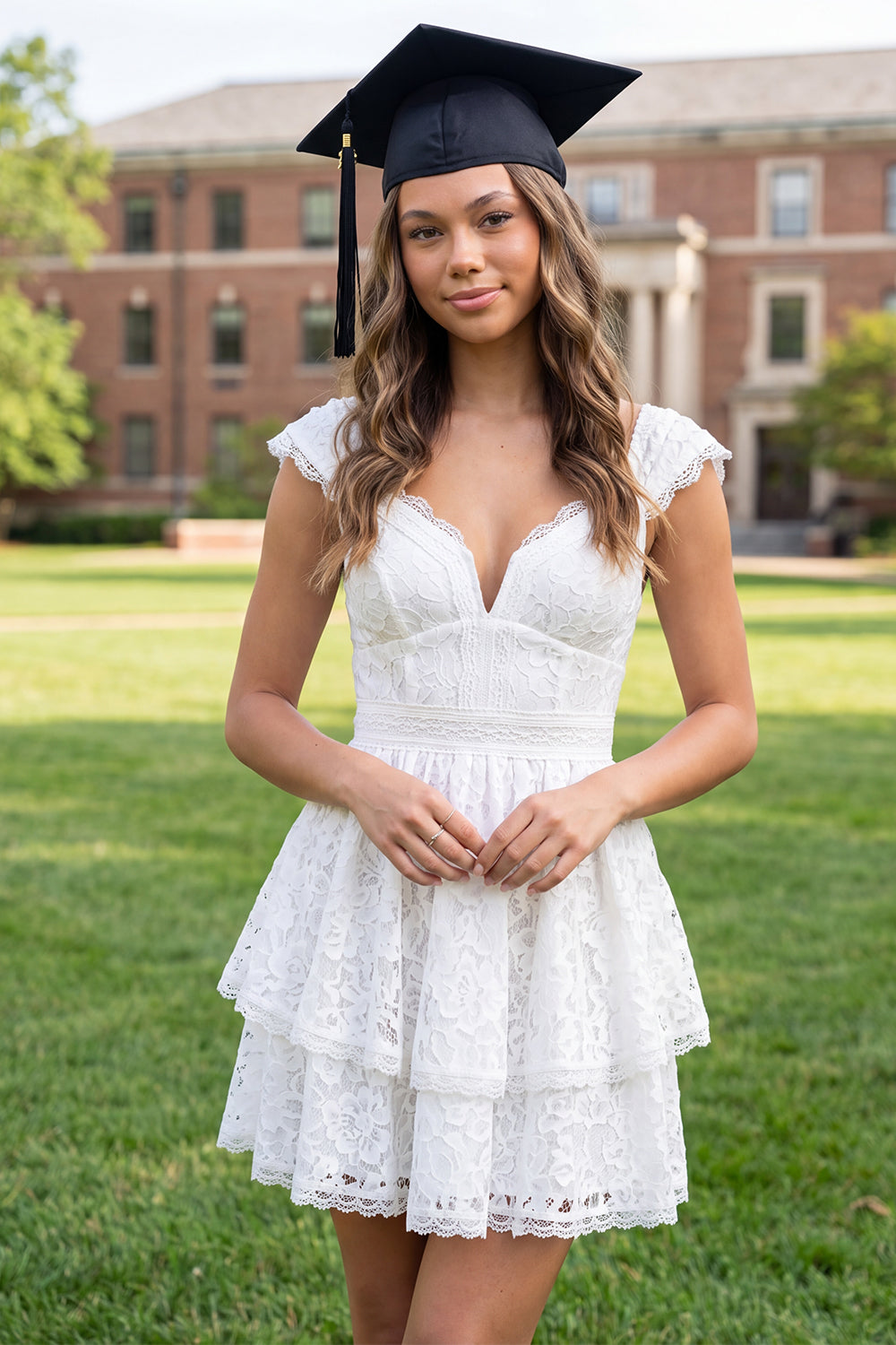 V-Neck Cap Sleeves White Lace Floral Short A Line Graduation Dress