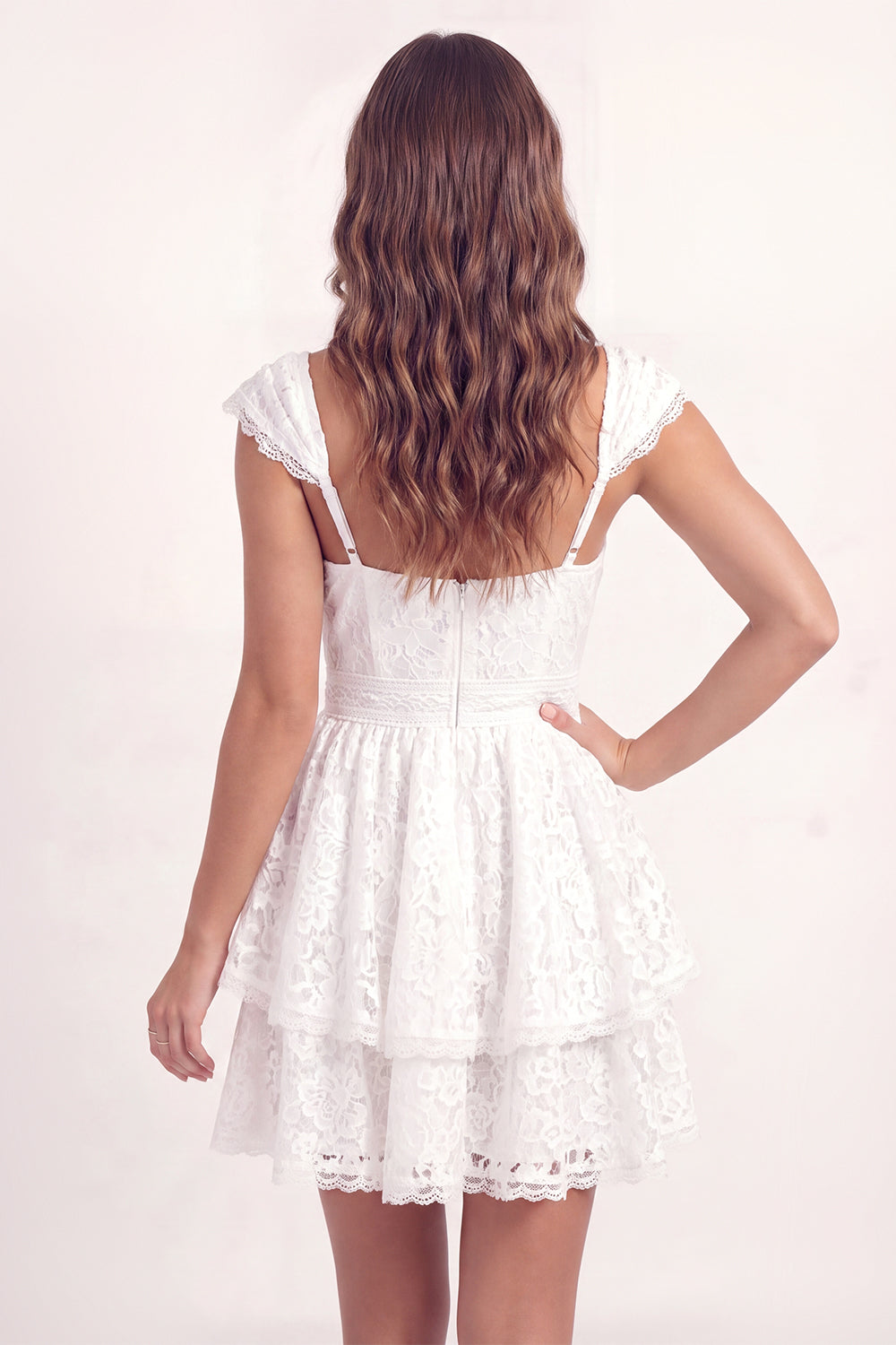 V-Neck Cap Sleeves White Lace Floral Short A Line Graduation Dress