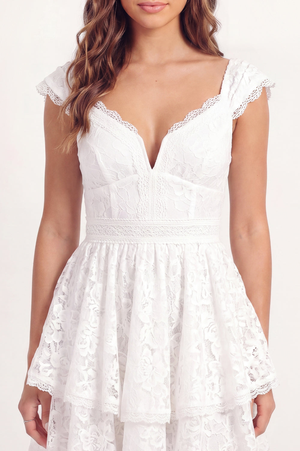 V-Neck Cap Sleeves White Lace Floral Short A Line Graduation Dress