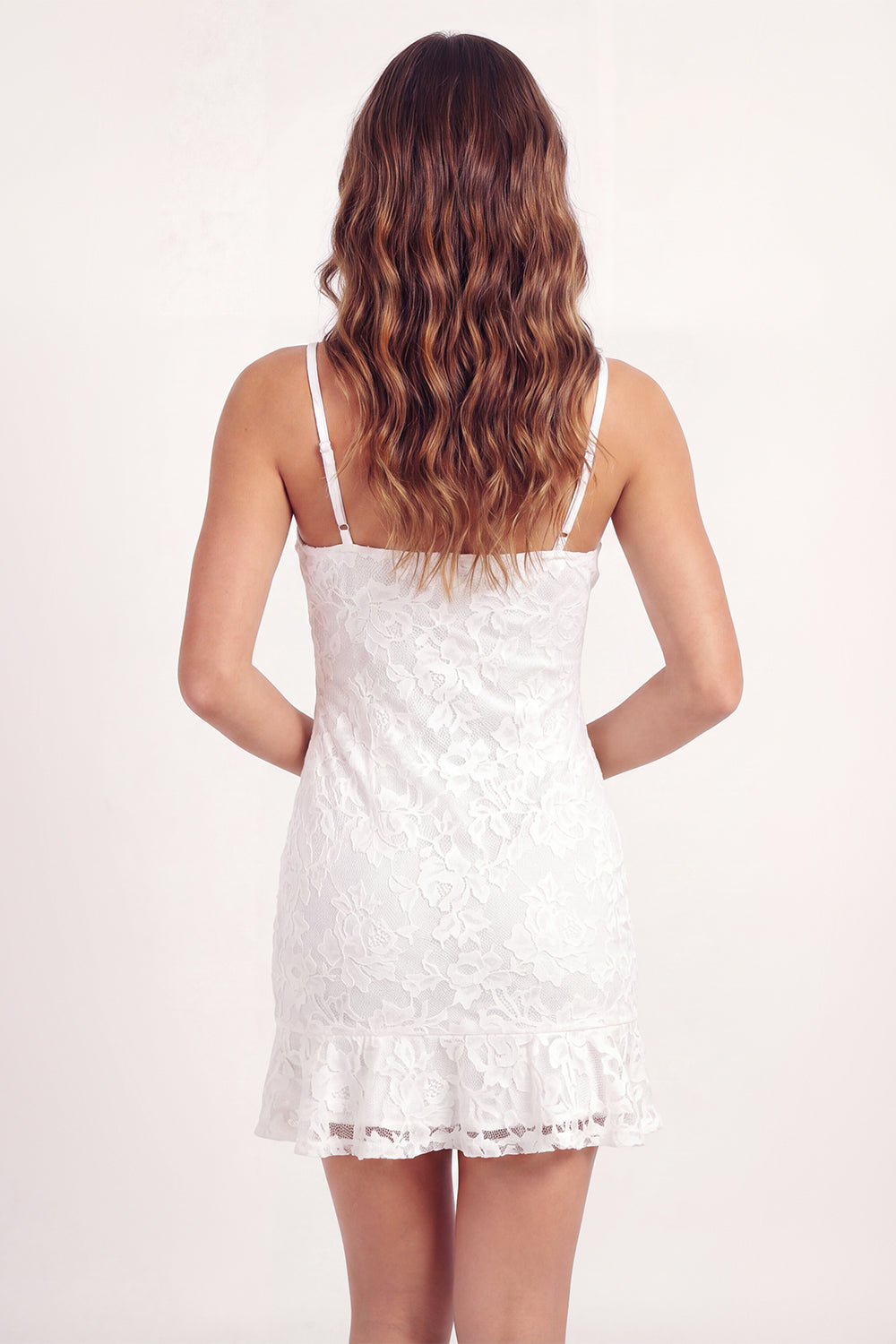 White Lace Spaghetti Straps Floral Short Graduation Dress with Ruffles