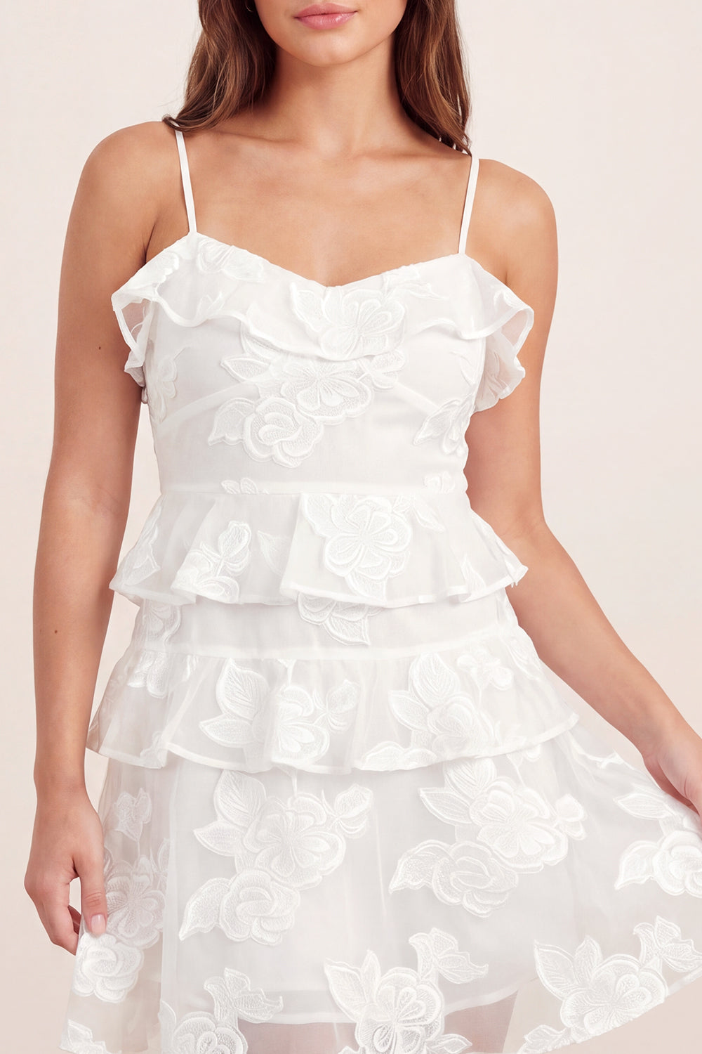 White Short A Line Spaghetti Straps Floral Graduation Dress with Ruffles