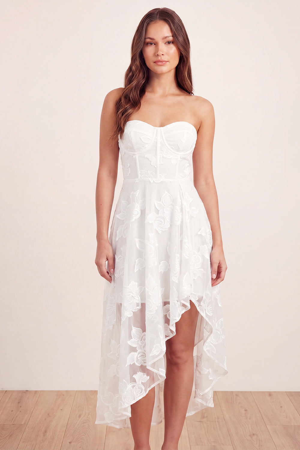Basque Waist Floral White Maxi A Line Corset Graduation Dress with Ruffles