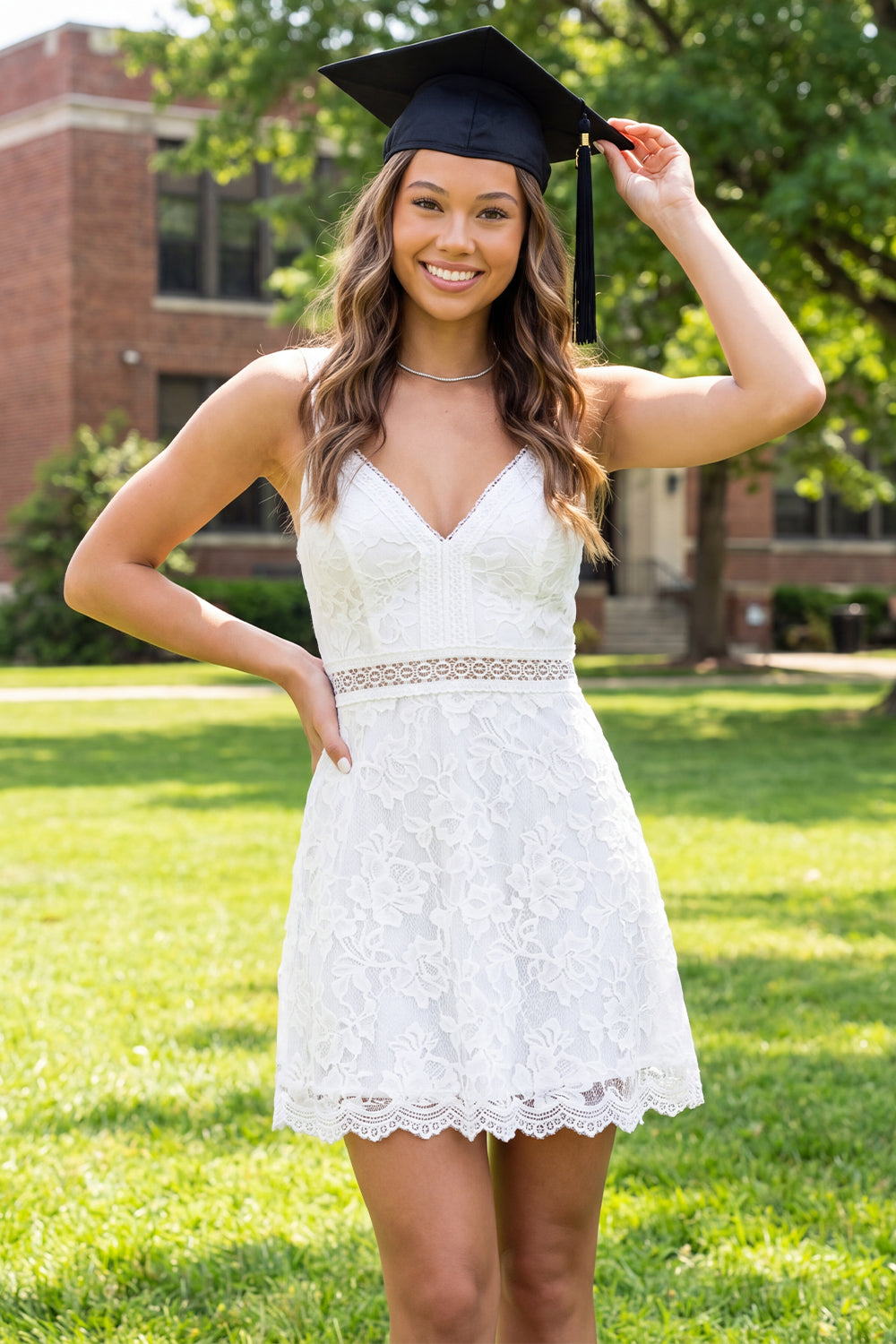 Lace V-Neck A Line White Floral Short Graduation Dress