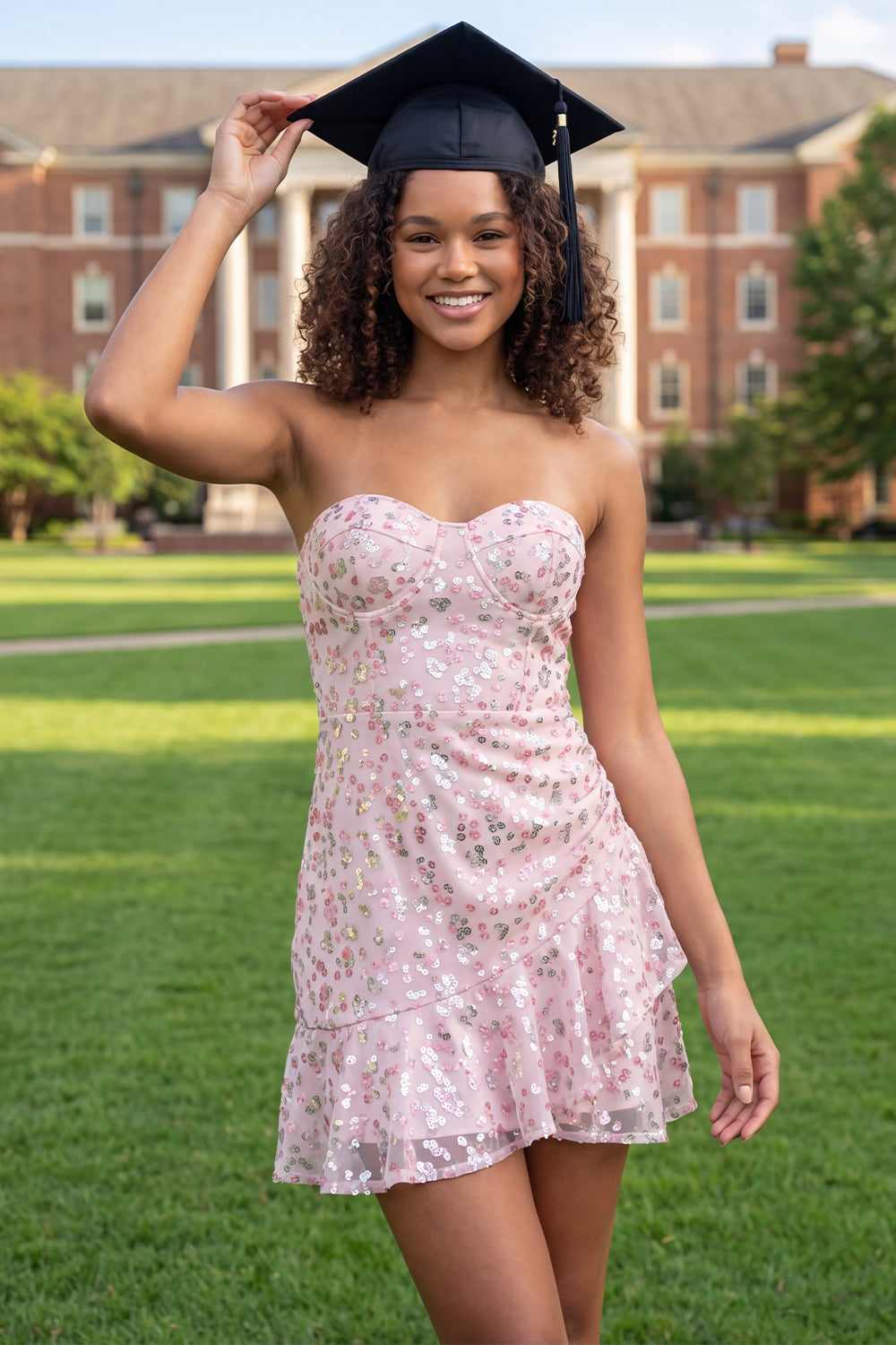 Sparkly Pink Floral Short A Line Sequin Graduation Dress with Ruffles