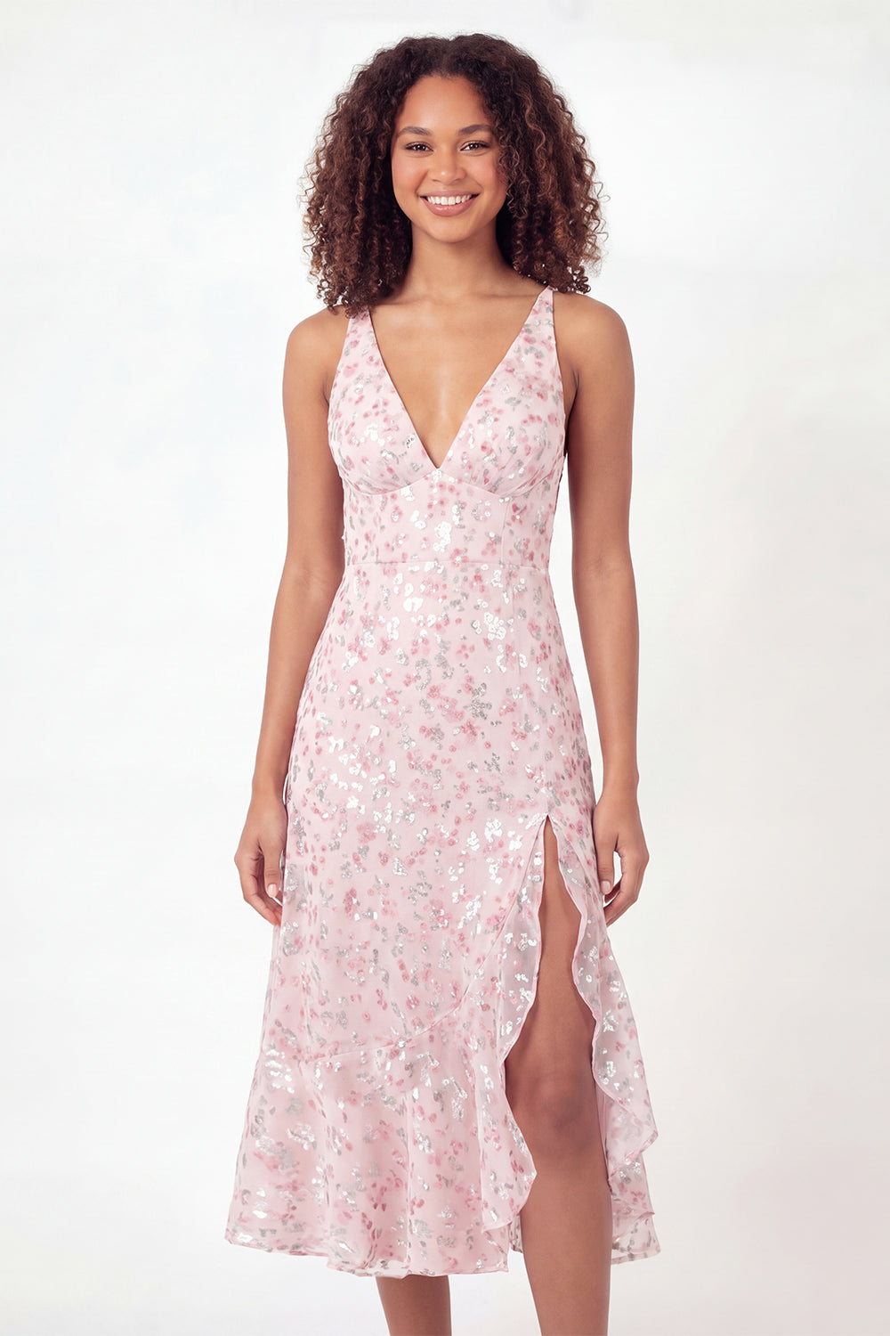 V-Neck Sparkly Pink Sequin A Line Midi Ruffled Floral Graduation Dress with Slit