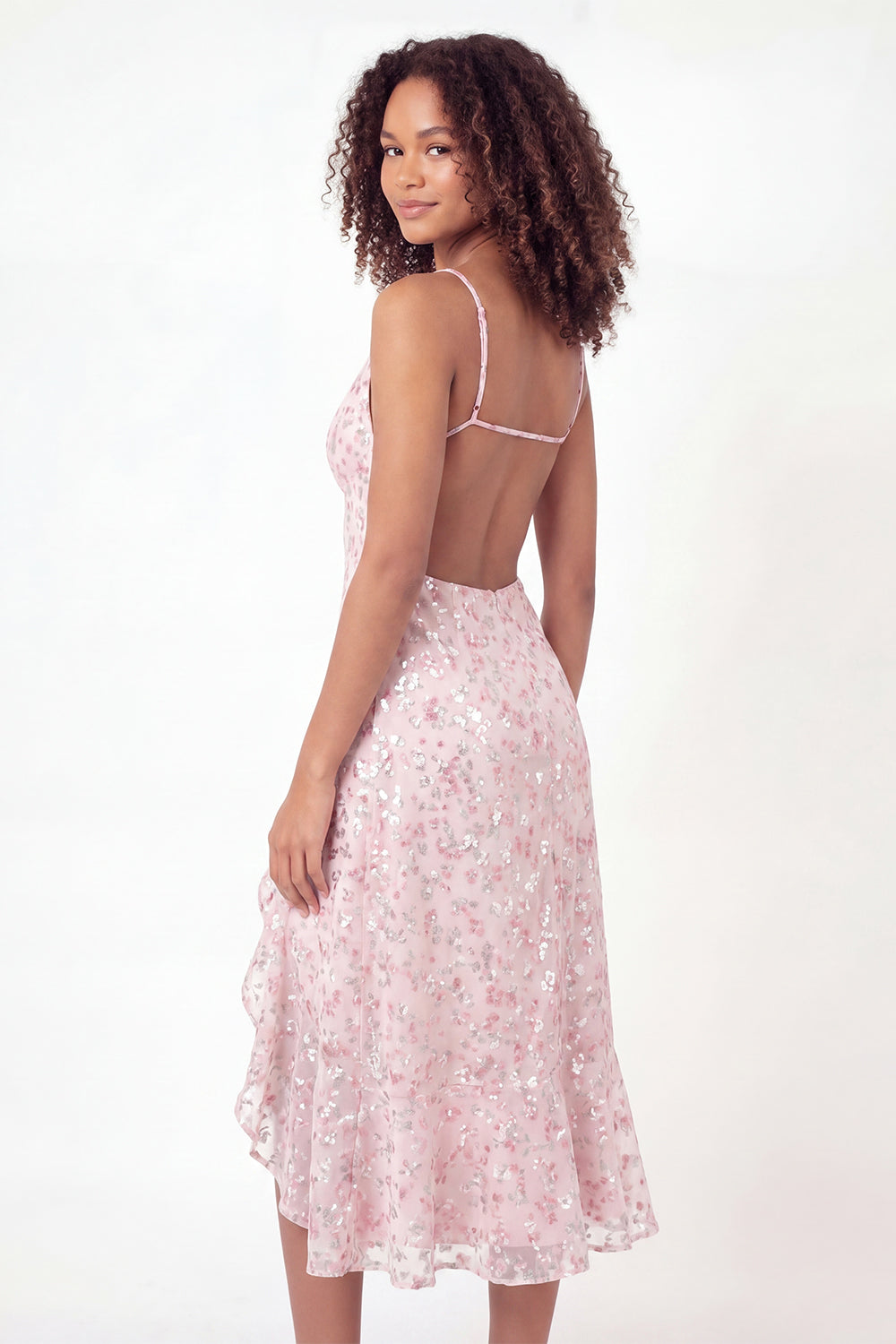 V-Neck Sparkly Pink Sequin A Line Midi Ruffled Floral Graduation Dress with Slit