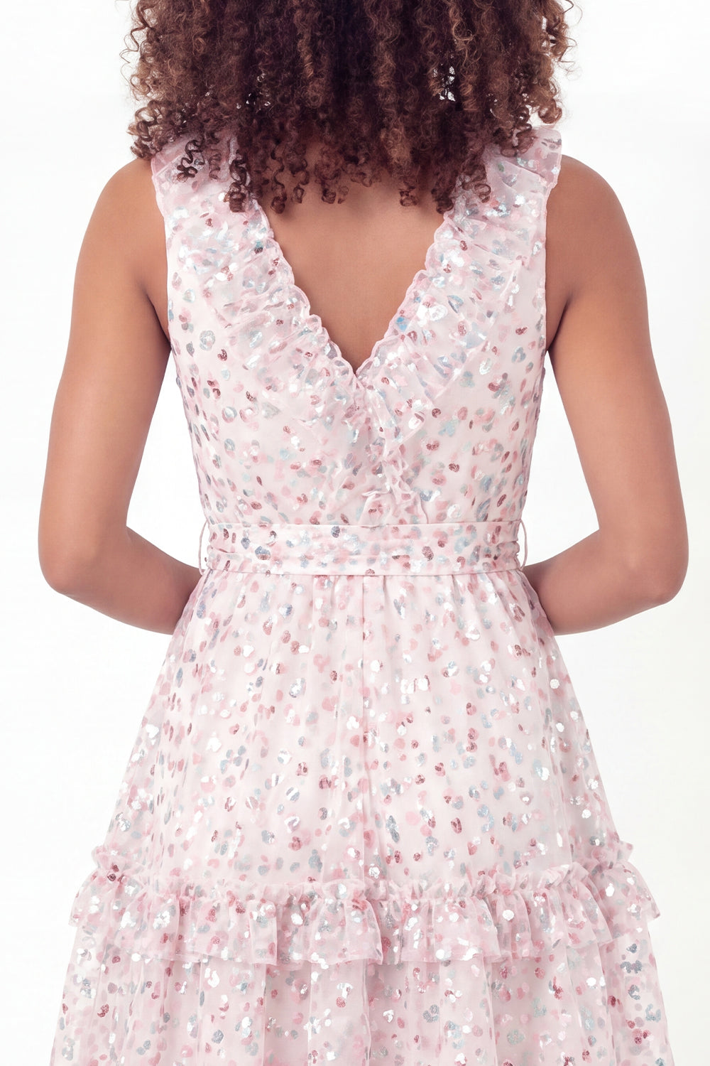 V-Neck Short Sparkly White Pink Flower Ruffled A Line Graduation Dress with Belt