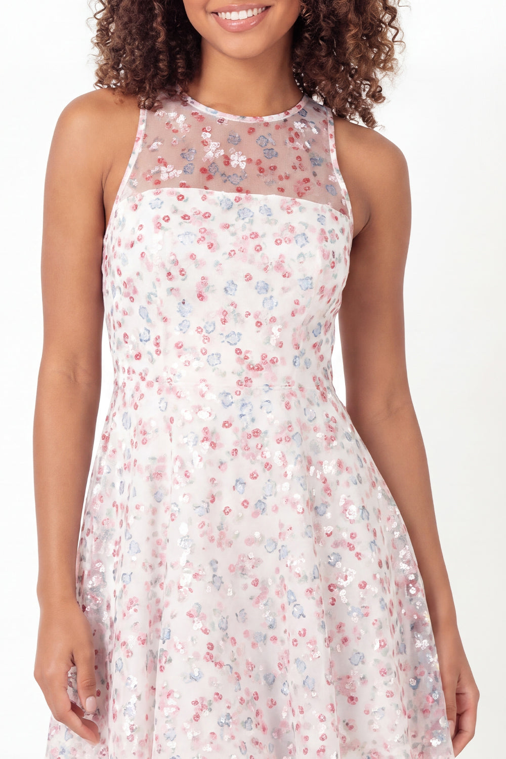 Sparkly White Pink Flower Round Neck Short A Line Graduation Dress