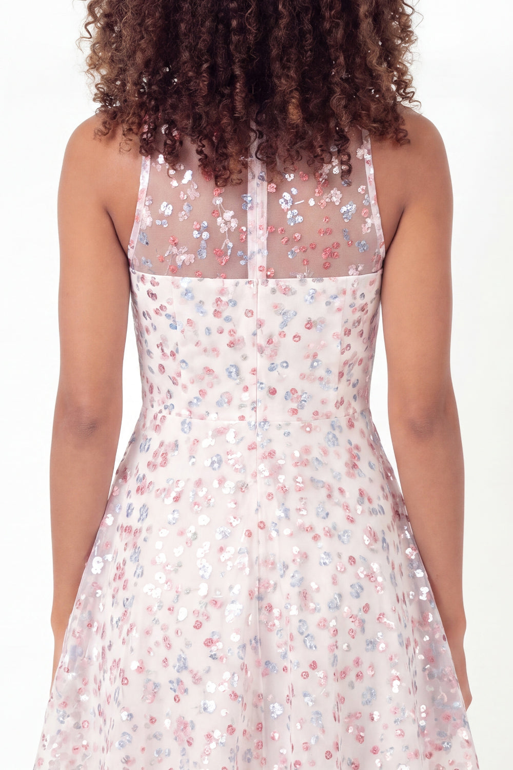 Sparkly White Pink Flower Round Neck Short A Line Graduation Dress