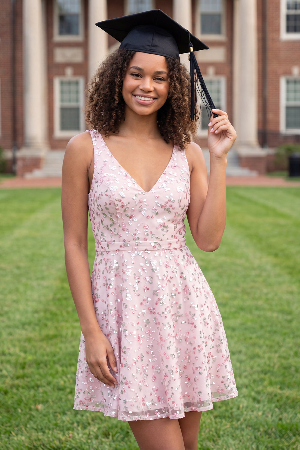 A Line V-Neck Floral Sparkly Pink Short Graduation Dress with Sequin