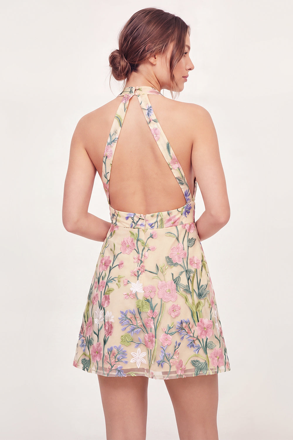 Butter Yellow Halter Open Back A Line Floral Short Graduation Dress