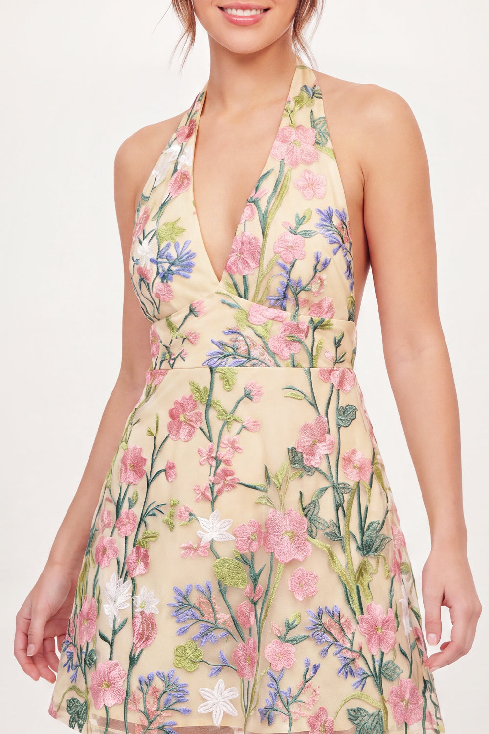 Butter Yellow Halter Open Back A Line Floral Short Graduation Dress