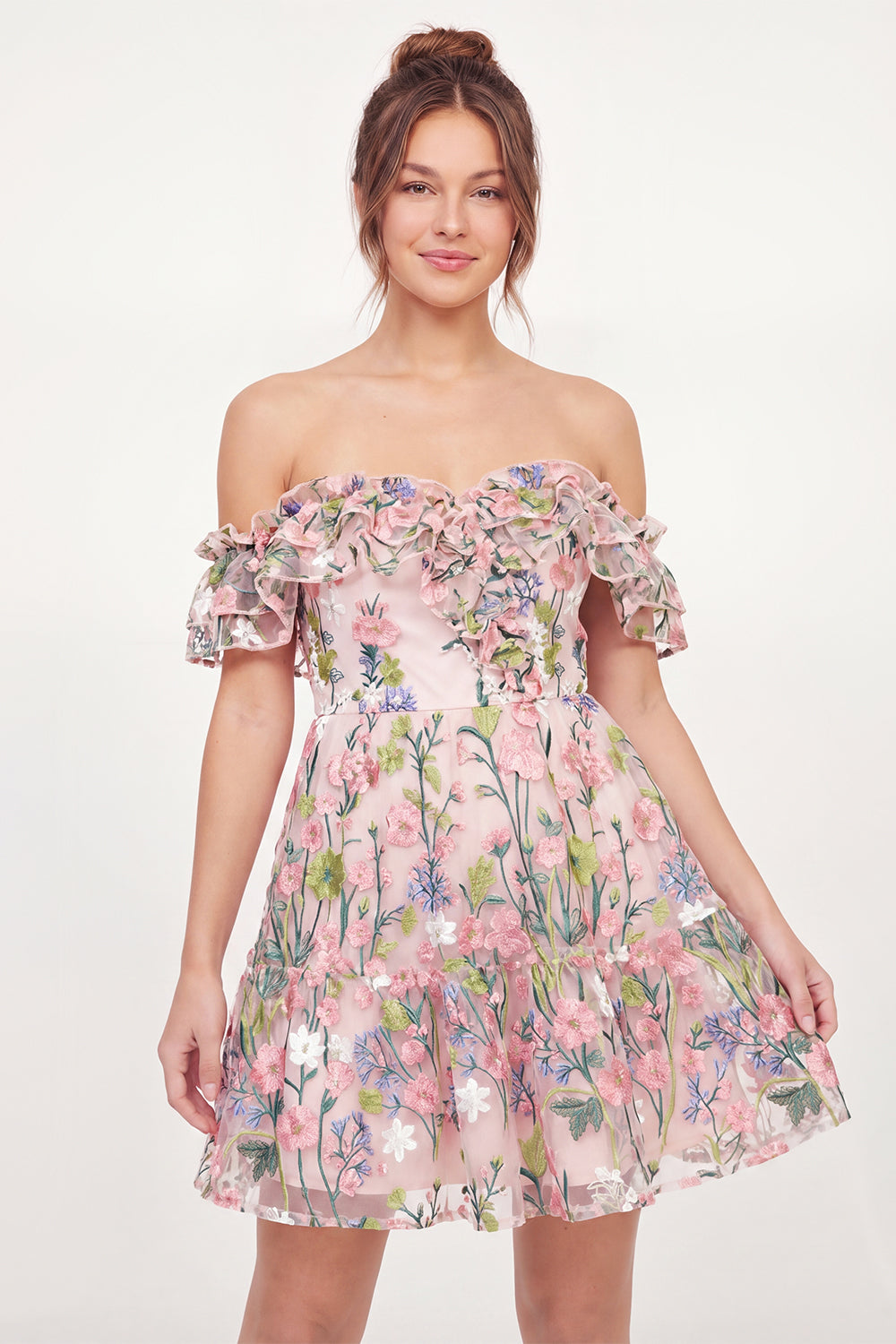 A Line Off the Shoulder Pink Floral Short Graduation Dress with Ruffles