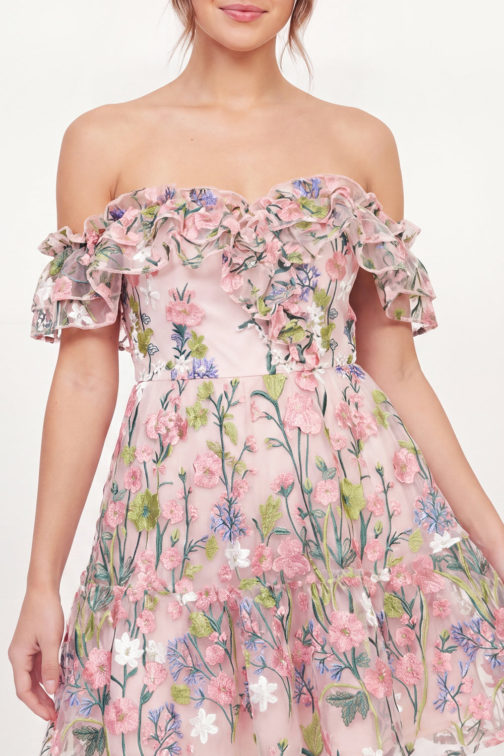A Line Off the Shoulder Pink Floral Short Graduation Dress with Ruffles