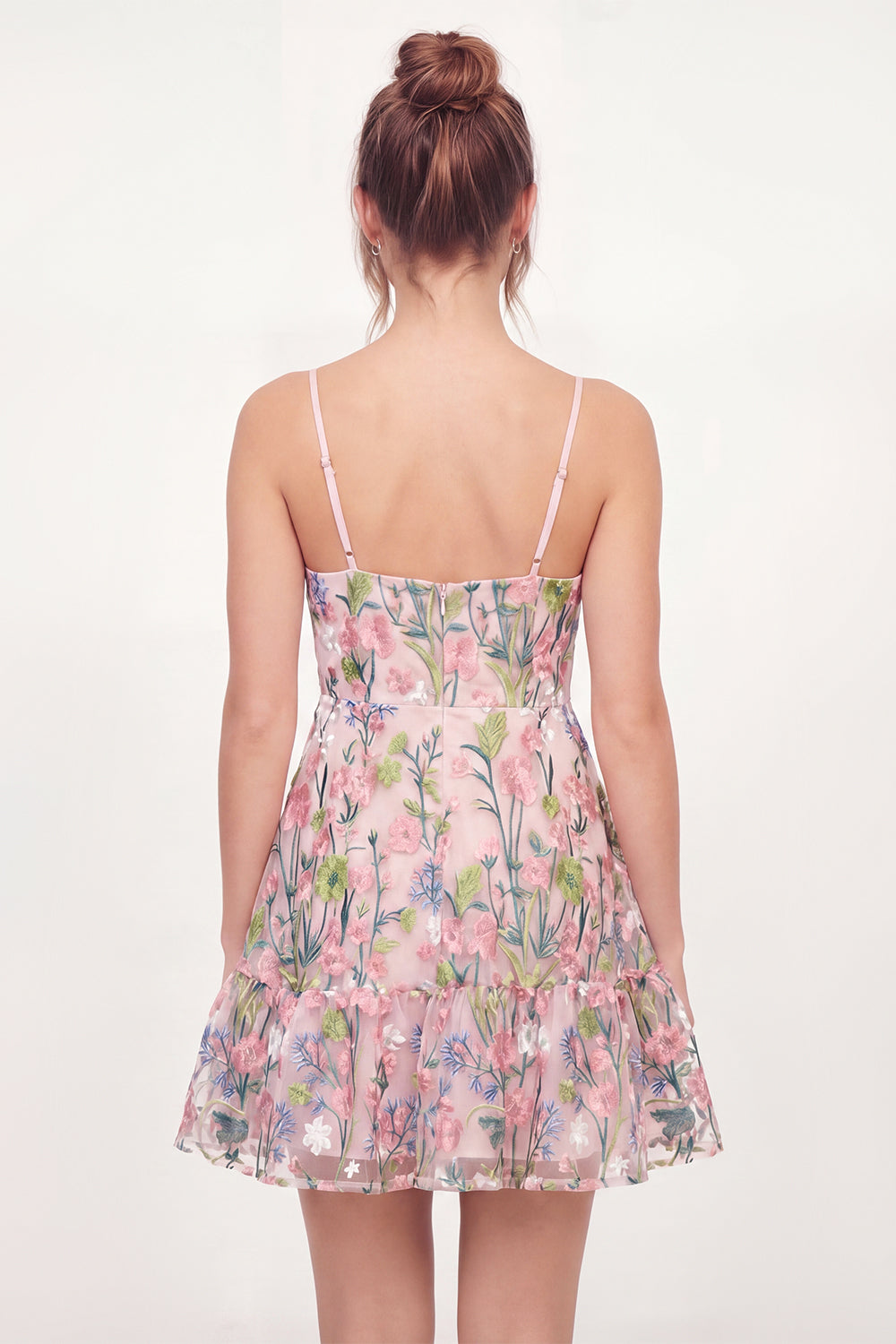 Floral A Line Short Pink V-Neck Graduation Dress