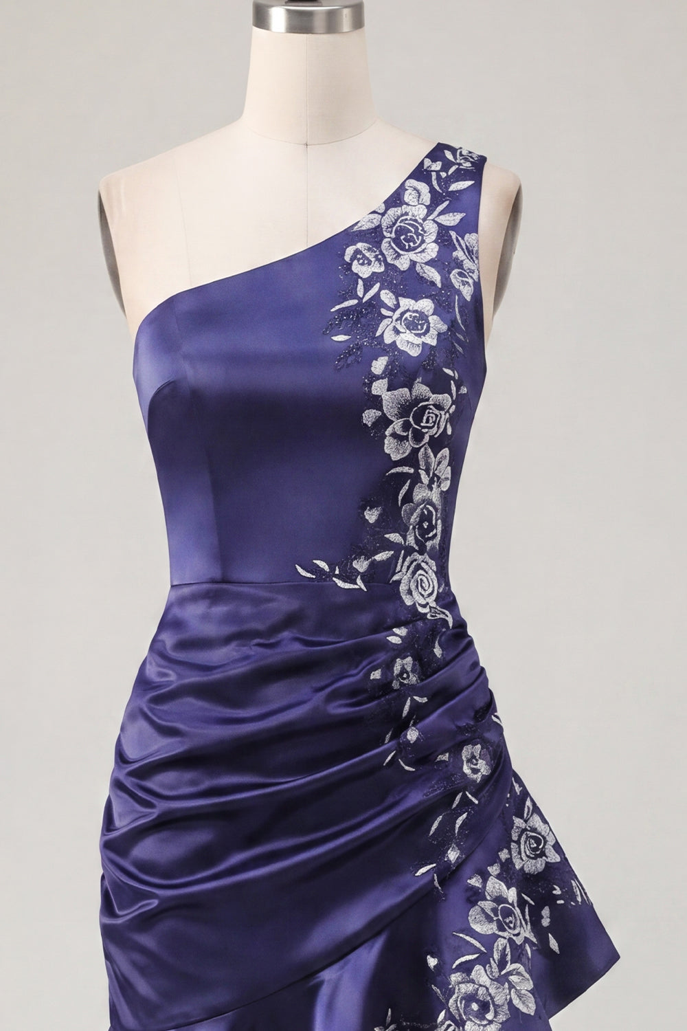 Floral One Shoulder Navy Ruched Tight Short Homecoming Dress with Ruffles