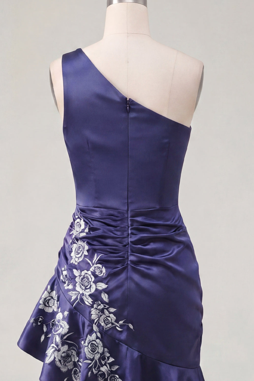 Floral One Shoulder Navy Ruched Tight Short Homecoming Dress with Ruffles