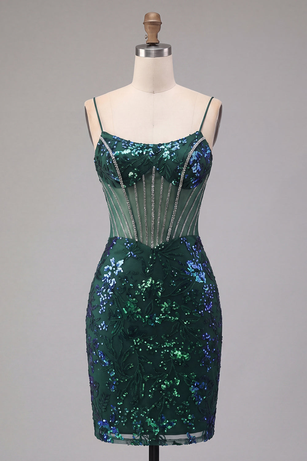 Sparkly Dark Green Tight Short Corset Floral Homecoming Dress with Beading