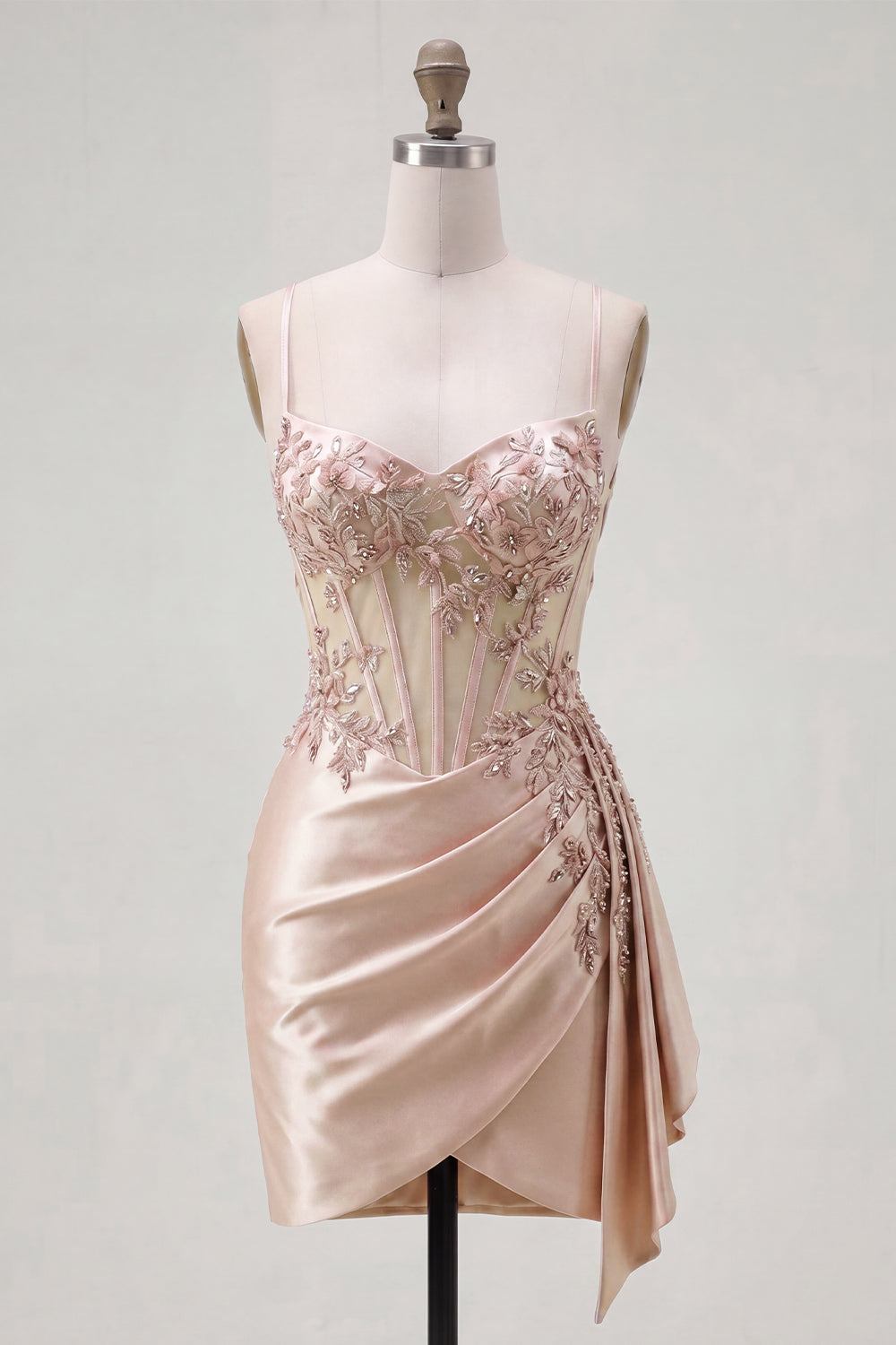 Floral Corset Sparkly Champagne Tight Short Beaded Homecoming Dress with Side Cape