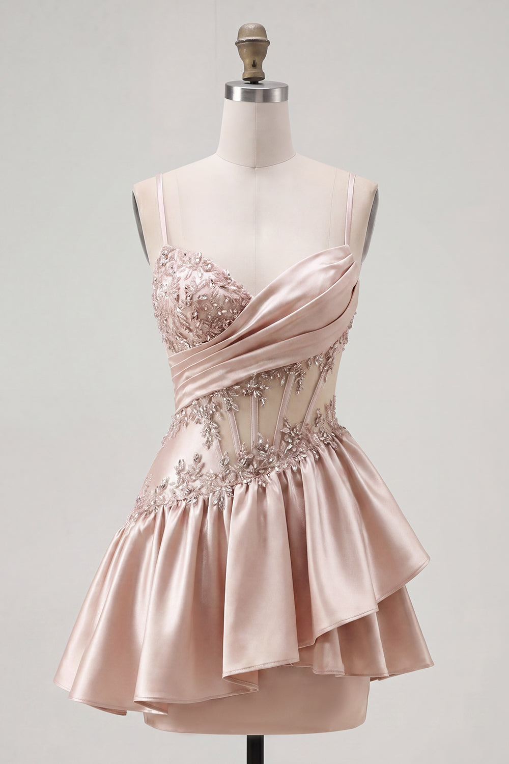 Sparkly Champagne A Line Beaded Short Corset Homecoming Dress with Ruffles