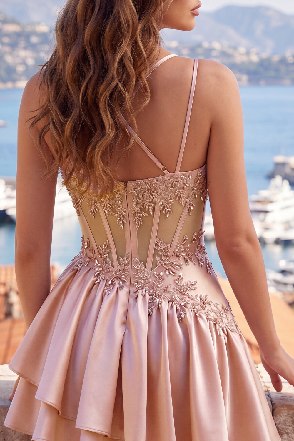 Sparkly Champagne A Line Beaded Short Corset Homecoming Dress with Ruffles