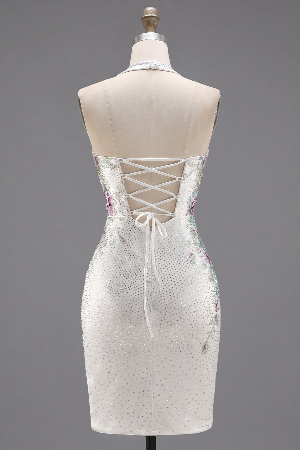 Sparkly White Tight Short Beaded Halter Floral Homecoming Dress