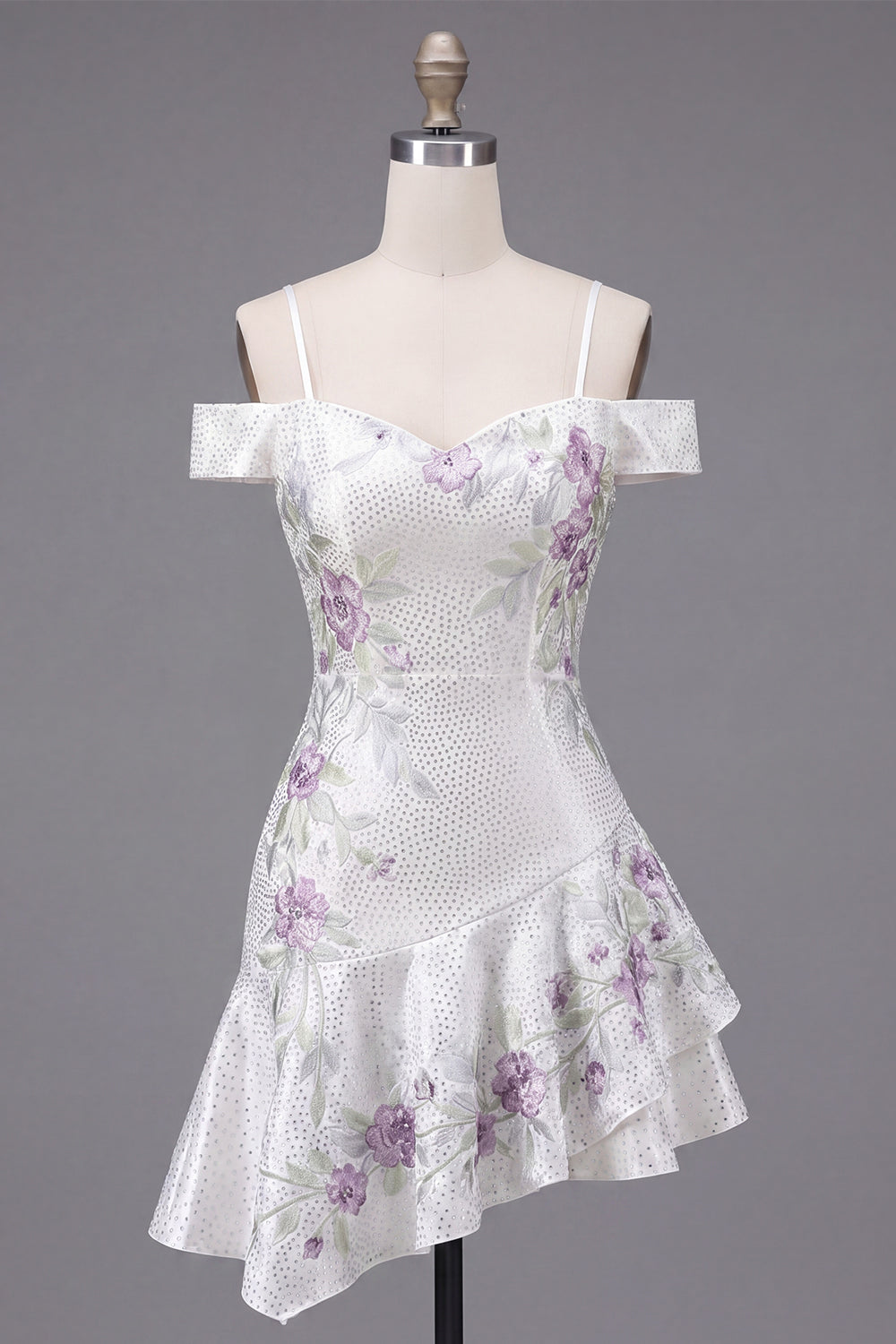 Cold Shoulder A Line Sparkly White Beaded Short Floral Homecoming Dress