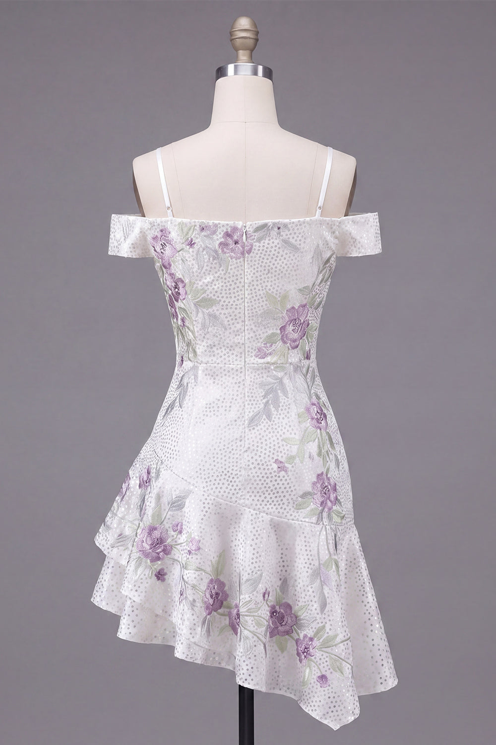 Cold Shoulder A Line Sparkly White Beaded Short Floral Homecoming Dress