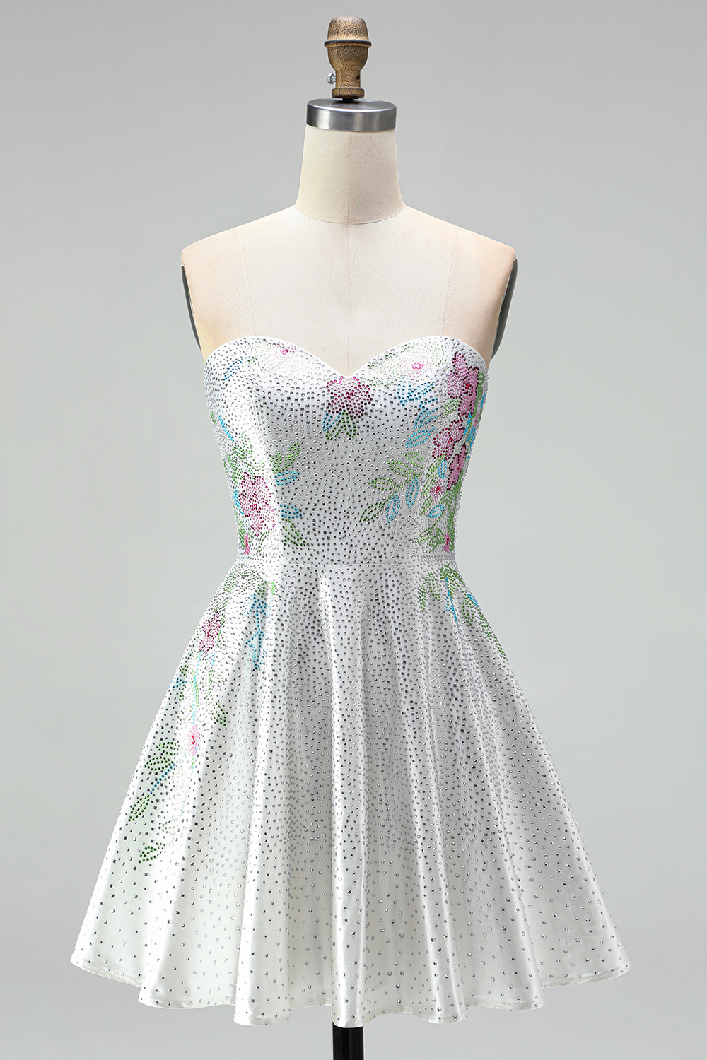 Sparkly White A Line Beaded Short Floral Homecoming Dress