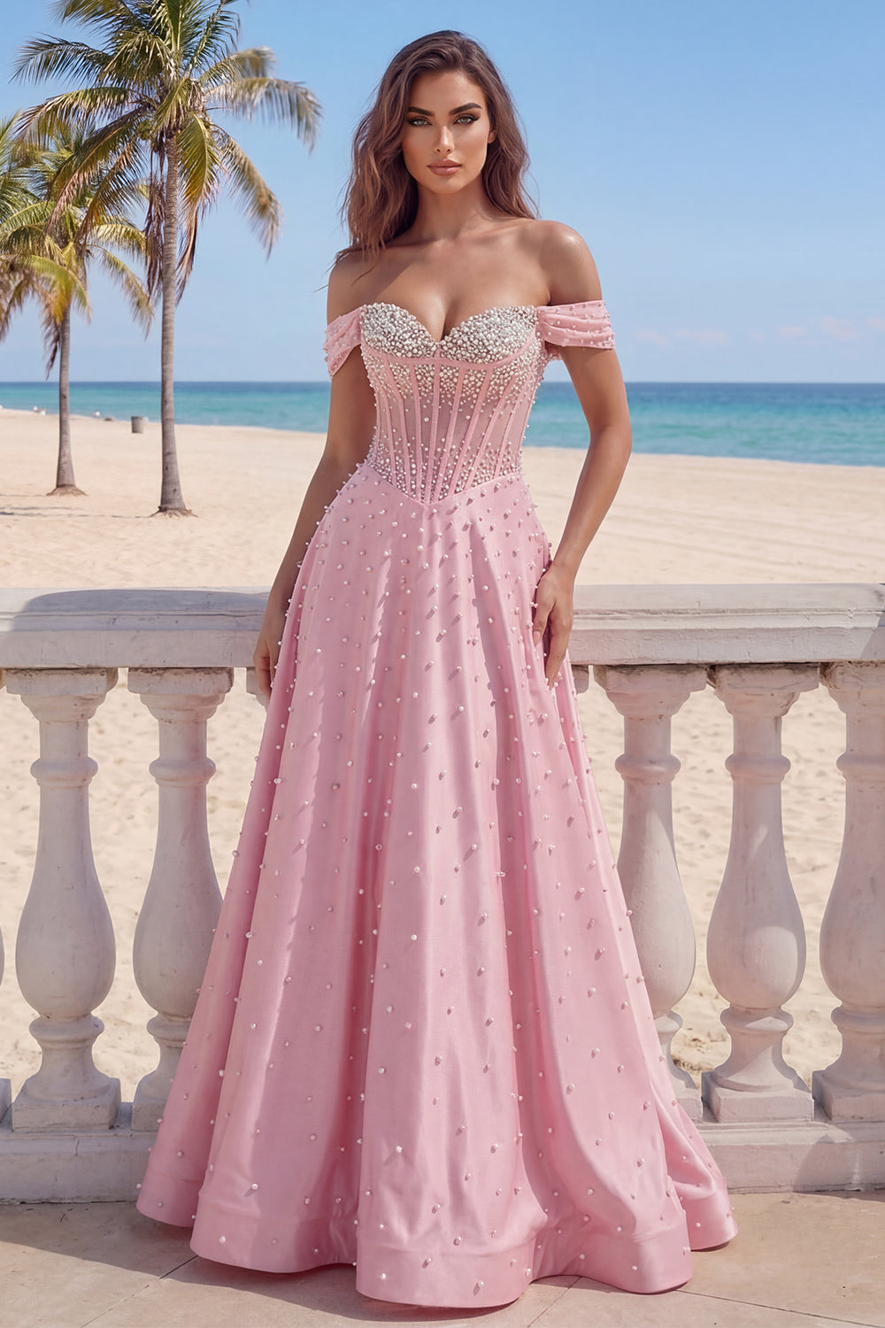  A Line Corset Off the Shoulder Pink Long Prom Dress with Pearls