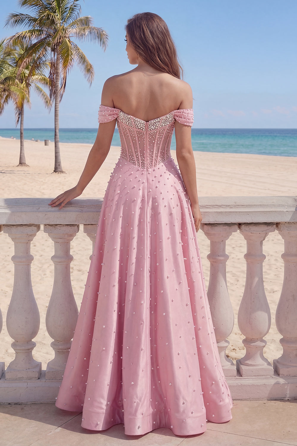  A Line Corset Off the Shoulder Pink Long Prom Dress with Pearls
