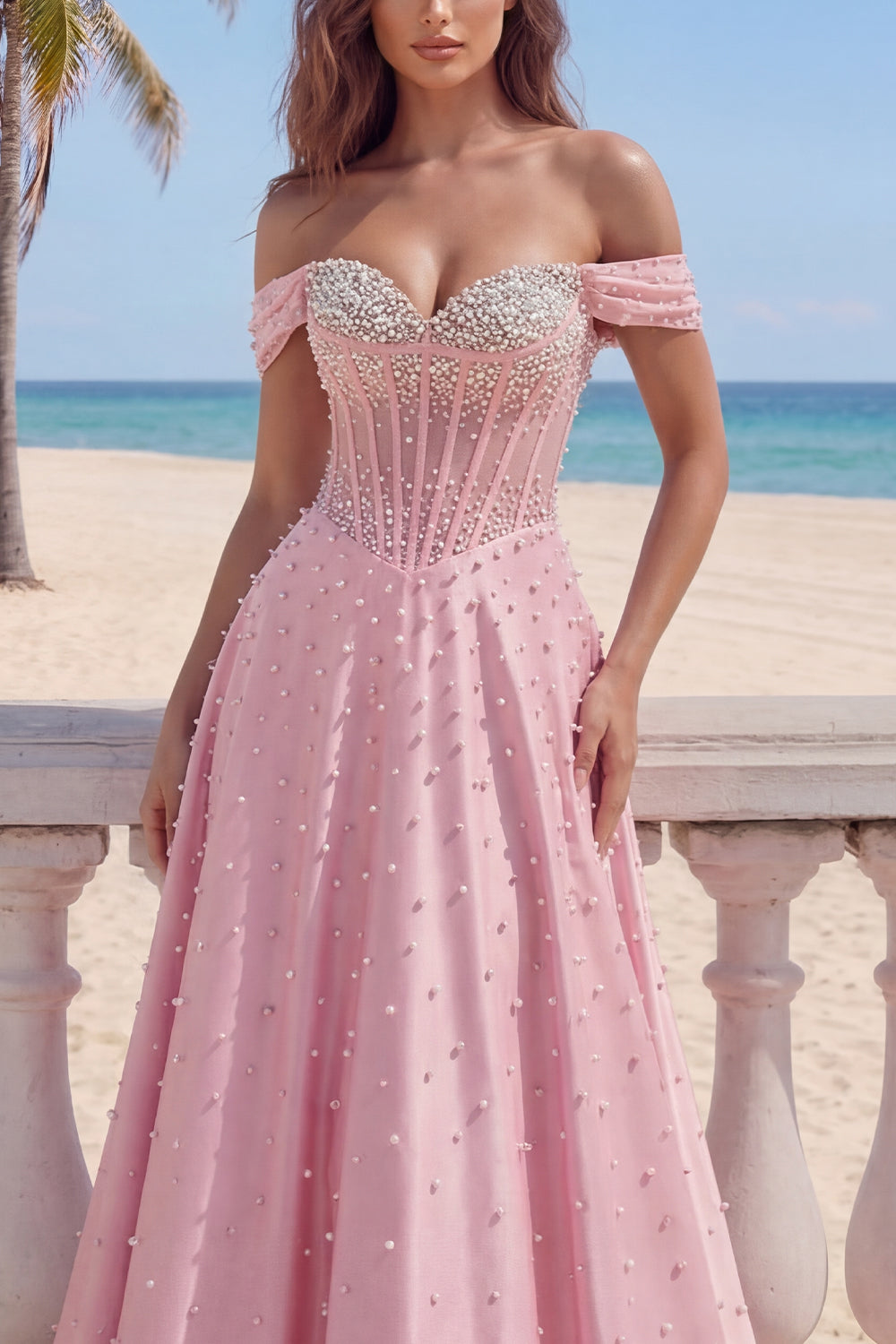  A Line Corset Off the Shoulder Pink Long Prom Dress with Pearls