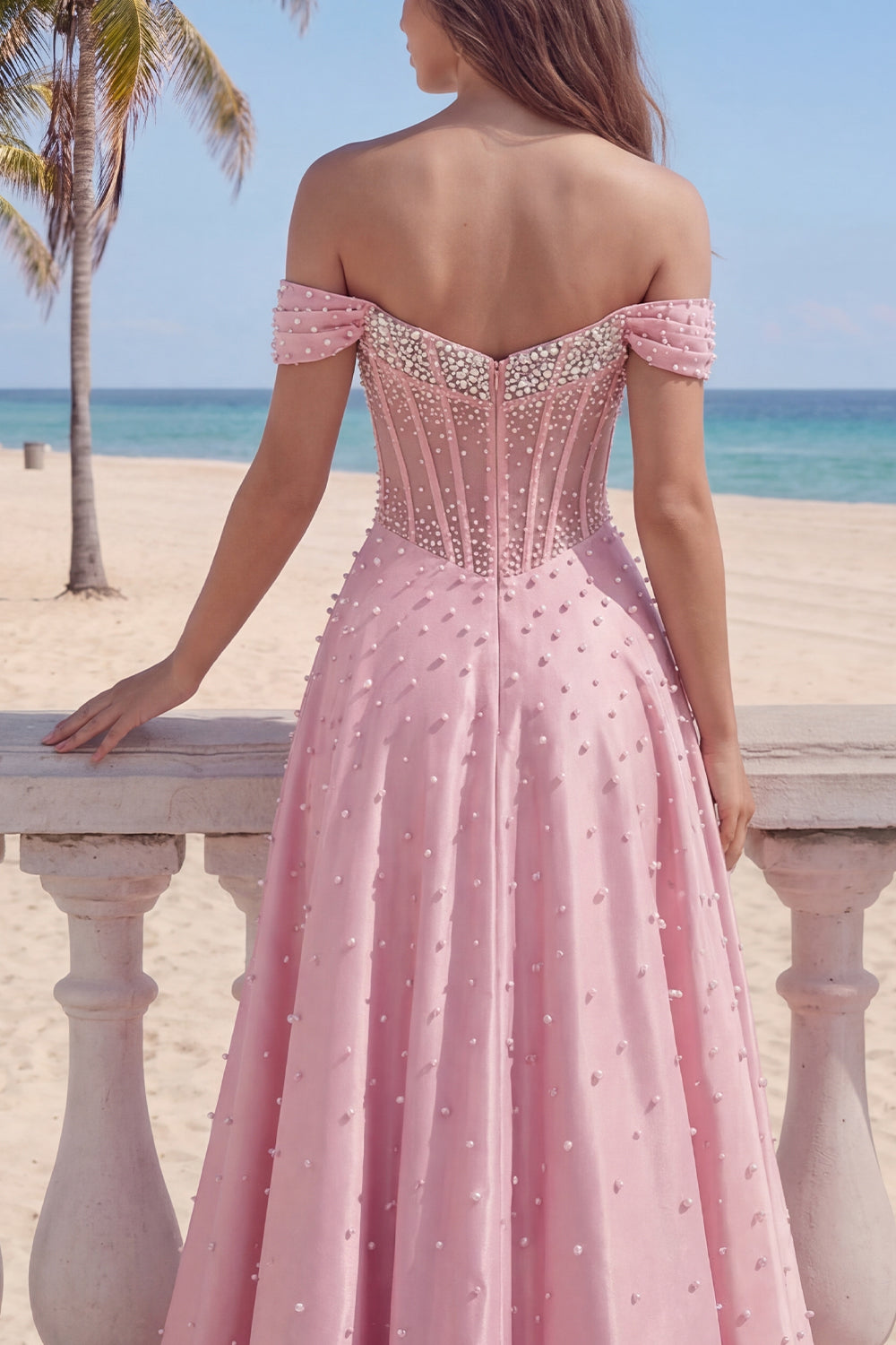  A Line Corset Off the Shoulder Pink Long Prom Dress with Pearls