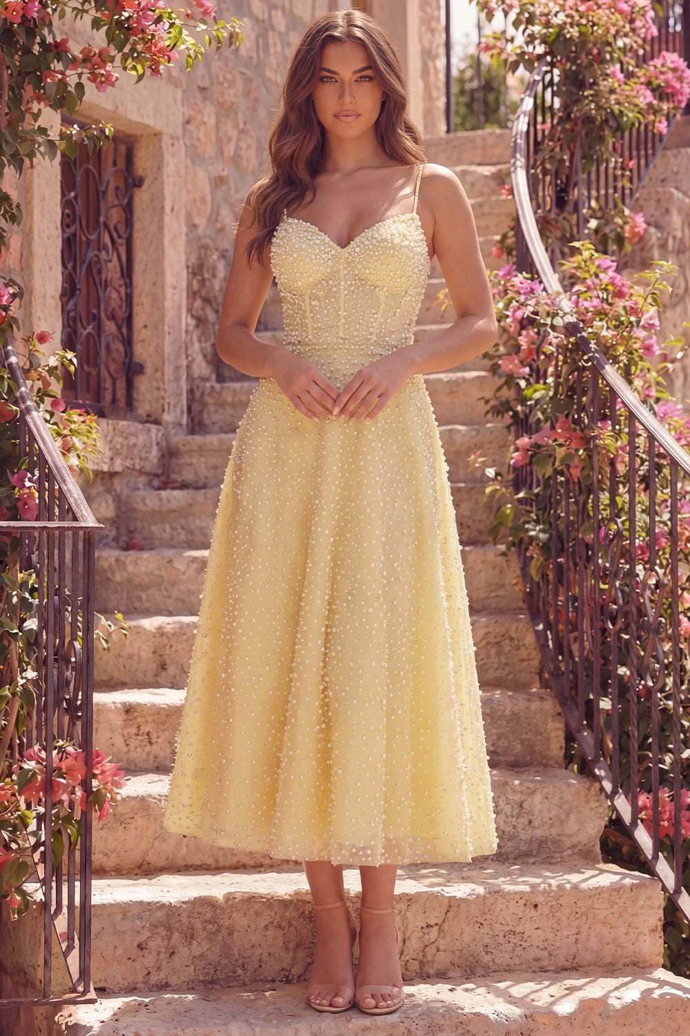 Corset A Line Butter Yellow Maxi Spaghetti Straps Prom Dress with Pearls
