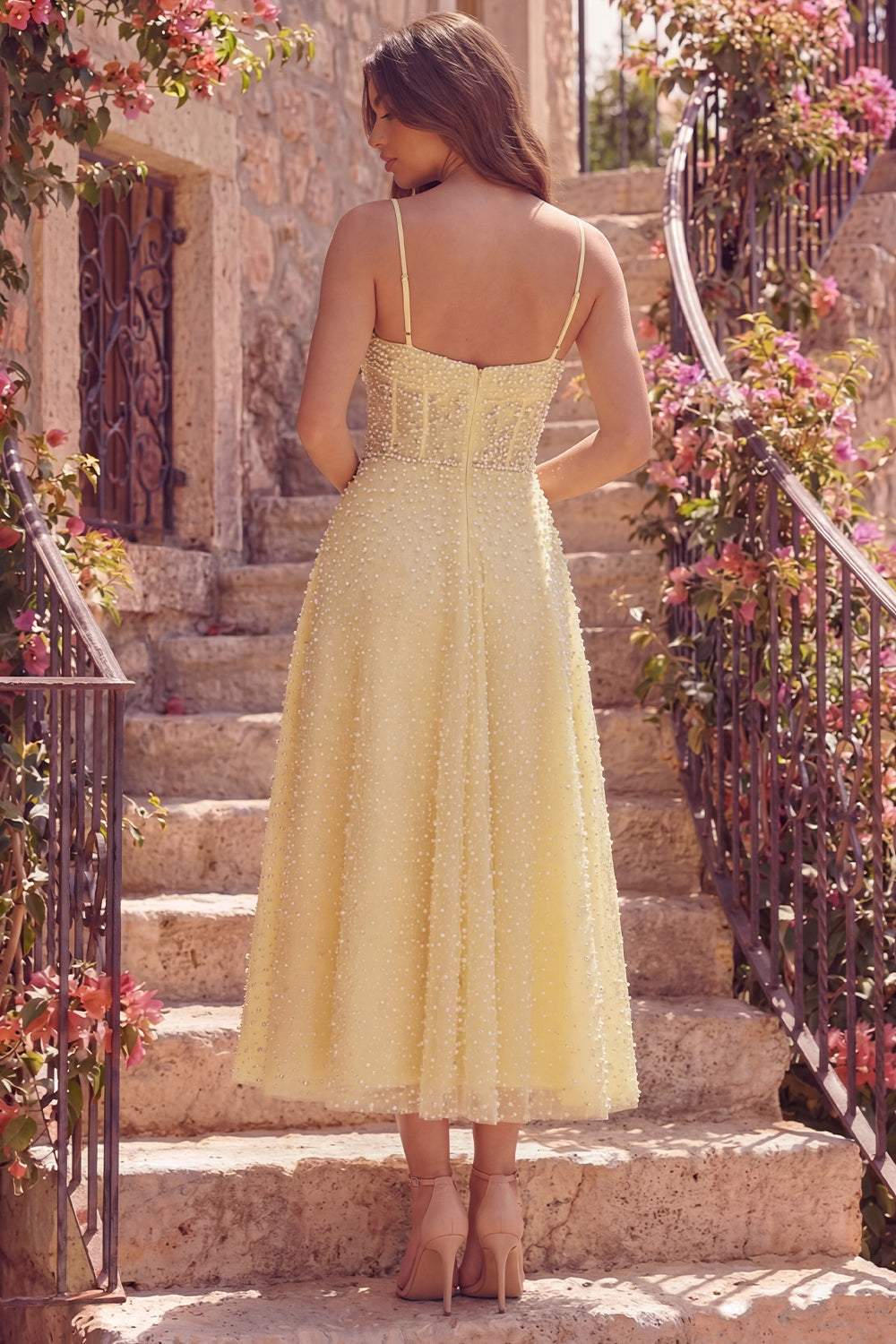 Corset A Line Butter Yellow Maxi Spaghetti Straps Prom Dress with Pearls