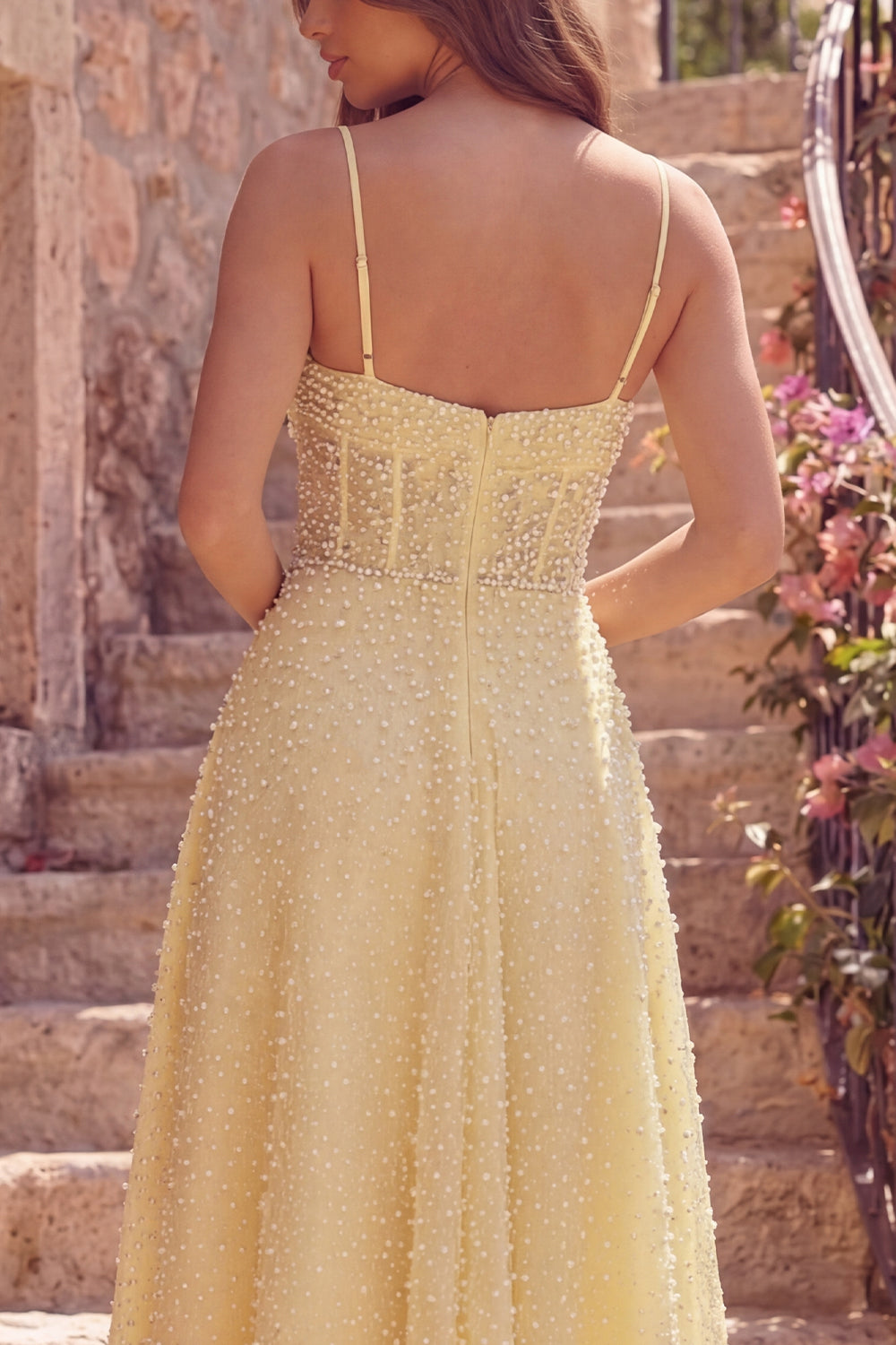 Corset A Line Butter Yellow Maxi Spaghetti Straps Prom Dress with Pearls