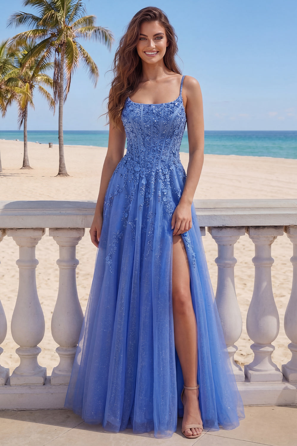 Sparkly Corset Floral Beaded Dark Blue A Line Long Prom Dress with Slit