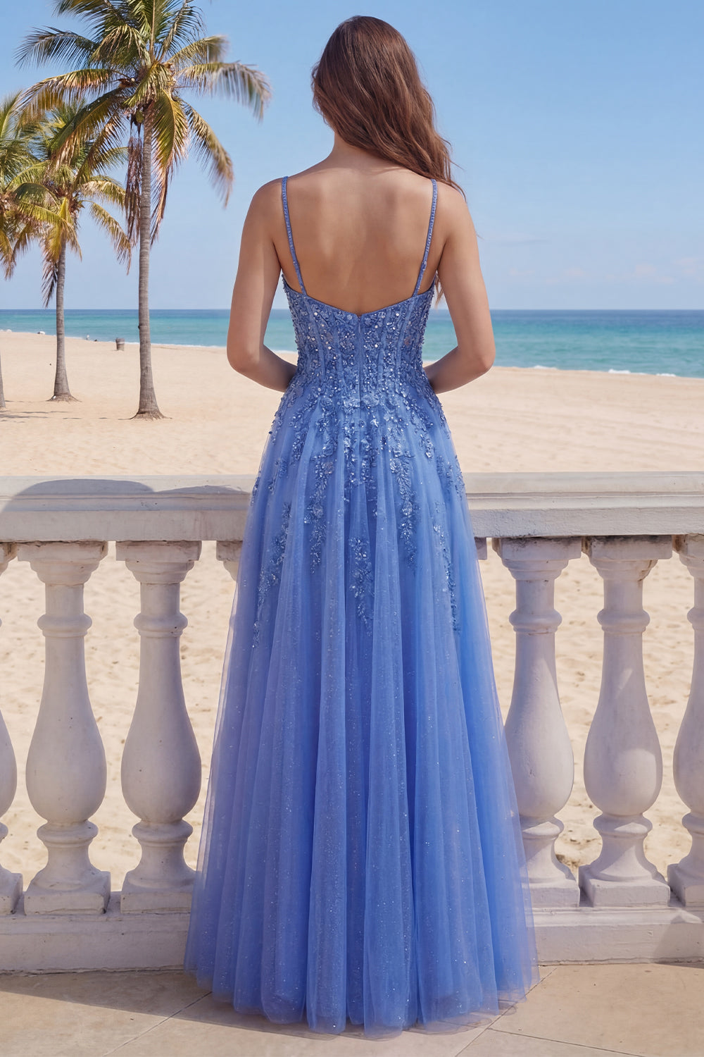 Sparkly Corset Floral Beaded Dark Blue A Line Long Prom Dress with Slit