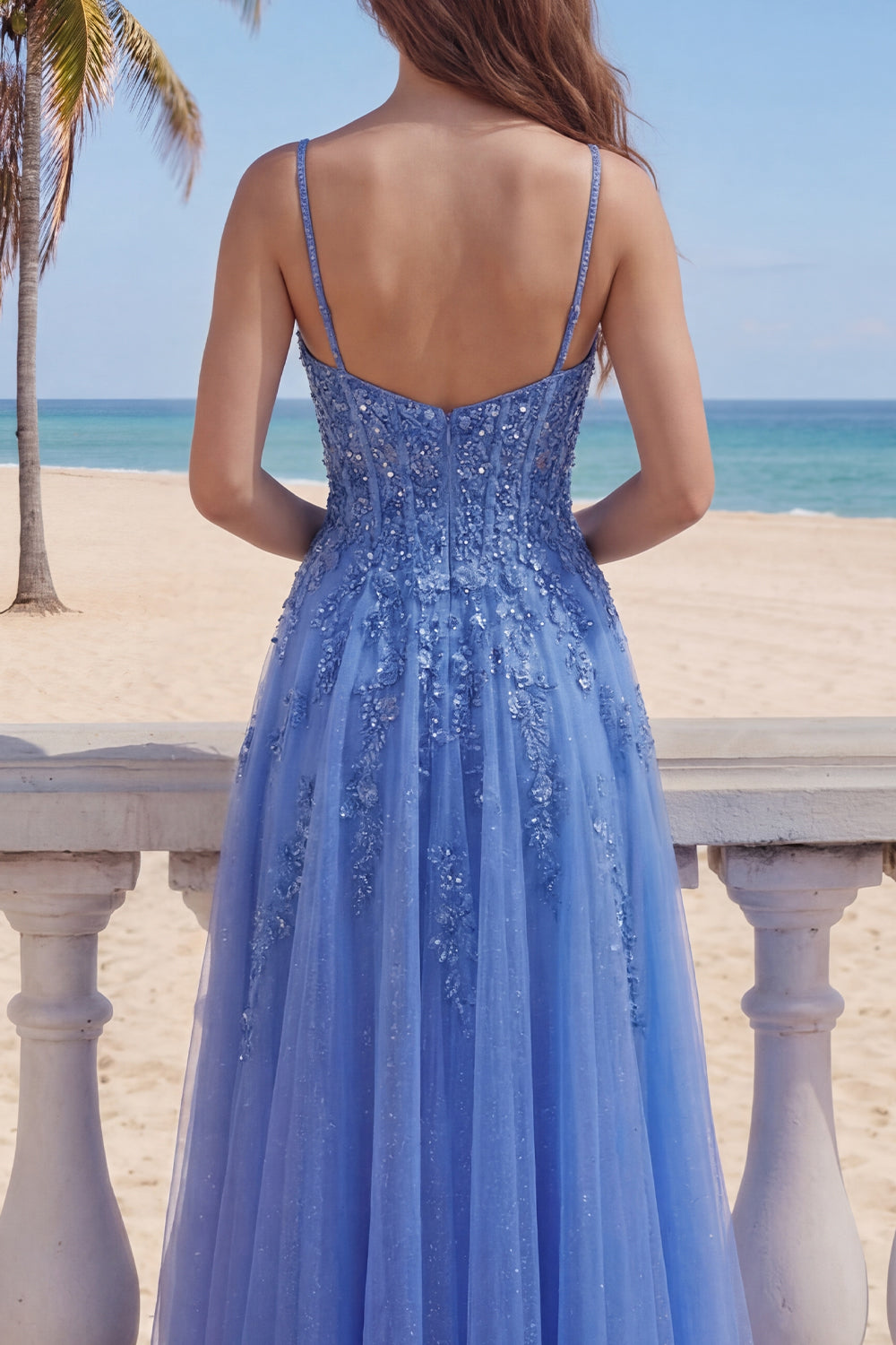 Sparkly Corset Floral Beaded Dark Blue A Line Long Prom Dress with Slit