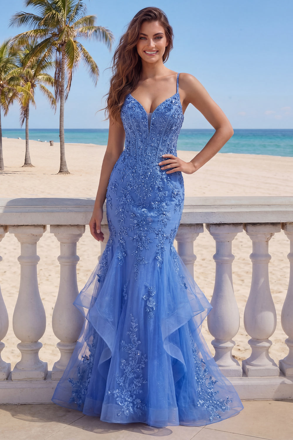 Glitter Mermaid Corset Dark Blue Floral Beaded Long Prom Dress with Ruffles